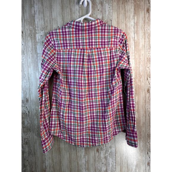 Vineyard Vines Shirt Womens 4 Fuchsia Green Plaid Collar 1/2 Button Linen Blend - Picture 2 of 9